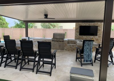 Alumawood Pergola over Outdoor Kitchen BBQ Seating Area