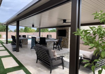 Alumawood Pergola over Outdoor Kitchen BBQ Seating Area