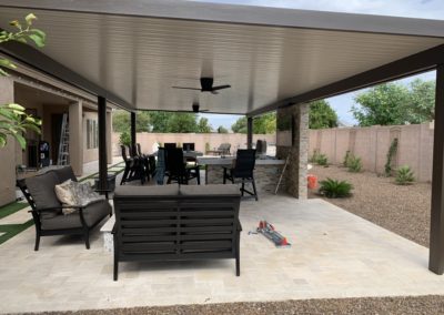 Alumawood Pergola over Outdoor Kitchen BBQ Seating Area