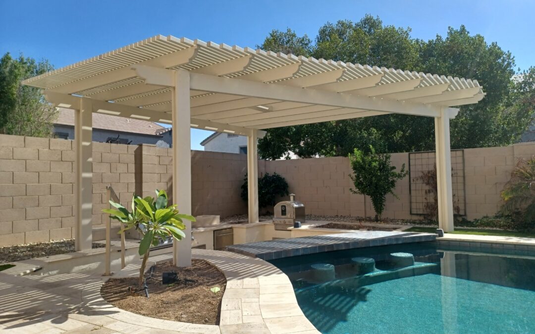 Alumawood Lattice Pergola over Sunken Kitchen Near Pool