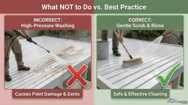 Comparison of incorrect and correct cleaning methods for Alumawood patio covers.