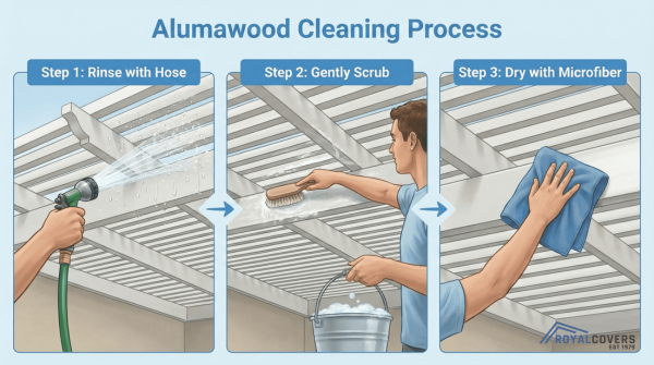 Visual walkthrough of the Alumawood patio cover cleaning process including rinsing, scrubbing, and drying steps.