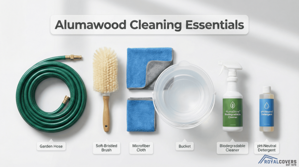 Flat lay of essential tools and materials for safely cleaning Alumawood patio covers.