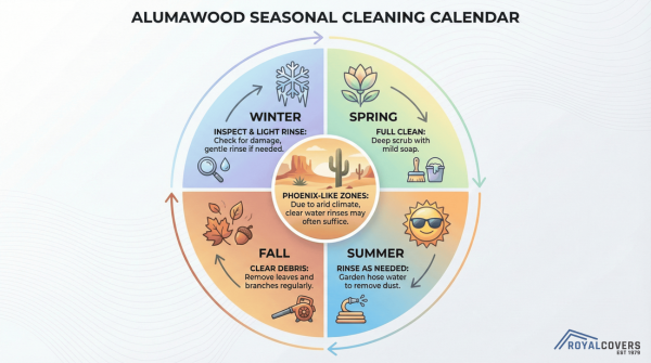 Seasonal infographic showing recommended cleaning frequency for Alumawood patio covers.
