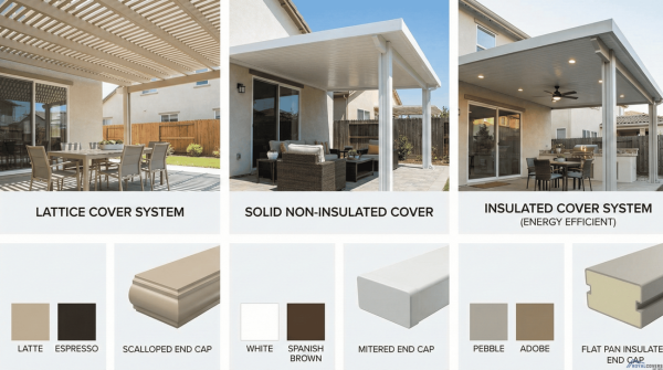 Visual guide showing Alumawood cover styles, colors, and decorative end cap options.