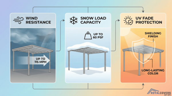 Infographic showing Alumawood’s weather durability including wind, snow, and UV resistance.