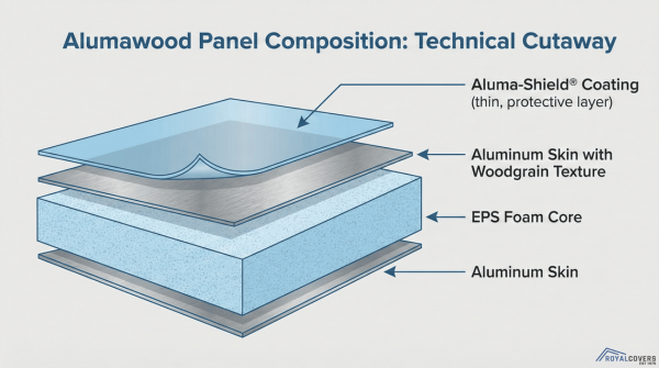 Diagram showing the layered structure of an Alumawood panel, including aluminum skin, foam core, and factory coating.