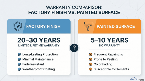 Infographic comparing factory-coated Alumawood’s warranty with painted Alumawood, showing lifespan and protection differences.