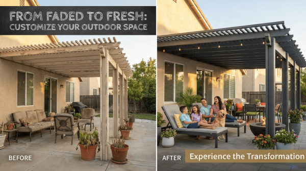 Side-by-side comparison of an outdated Alumawood patio versus a freshly updated version with modern color.