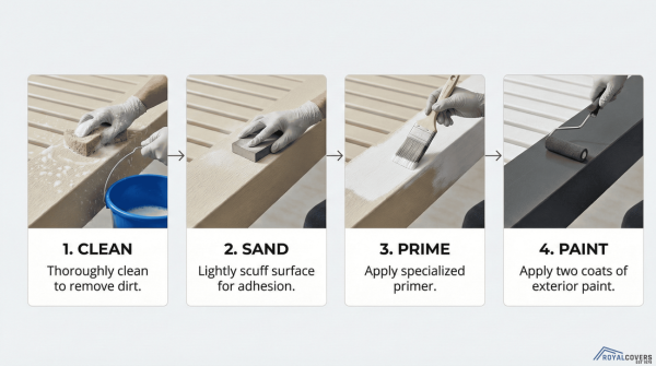 Visual guide showing cleaning, sanding, priming, and painting steps on Alumawood surface.