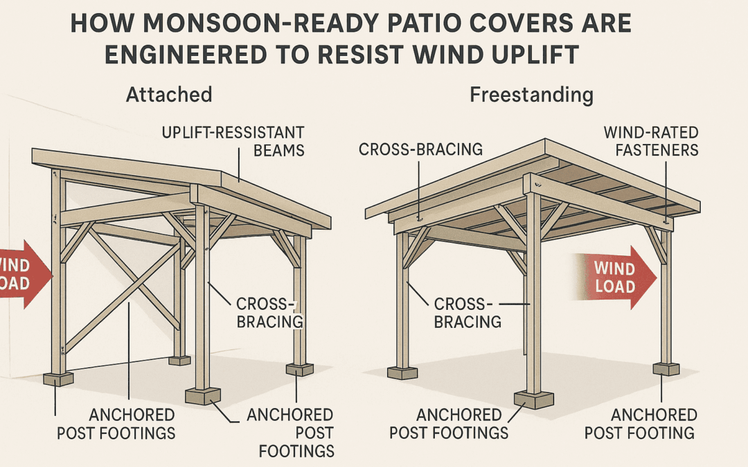 Diagram showing structural bracing, anchors, and wind load design for Phoenix patio covers.