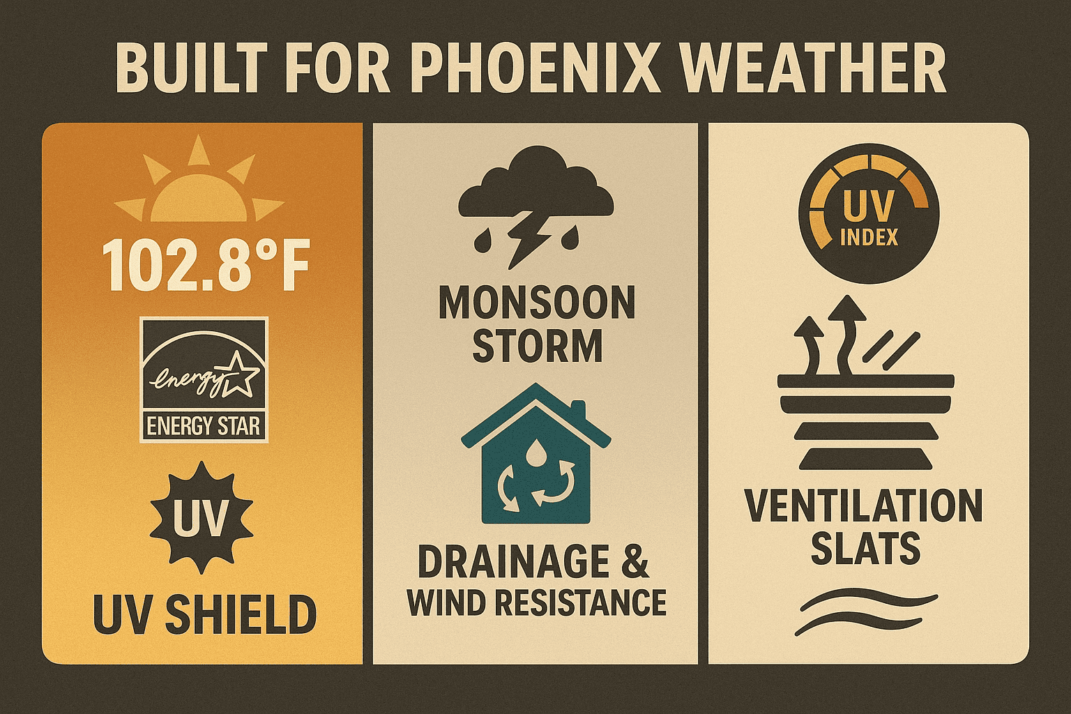 Infographic showing Phoenix sun, storm, and UV conditions with matching patio cover features