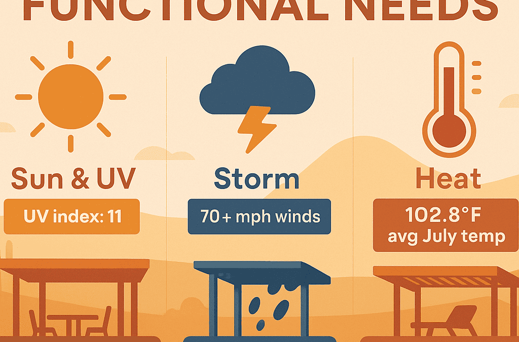 Infographic comparing sun, storm, and UV conditions in Phoenix with patio cover solutions.