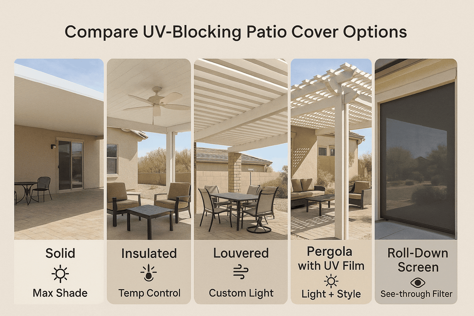 Comparison of 5 UV-blocking patio cover types including solid, insulated, and louvered options in Phoenix