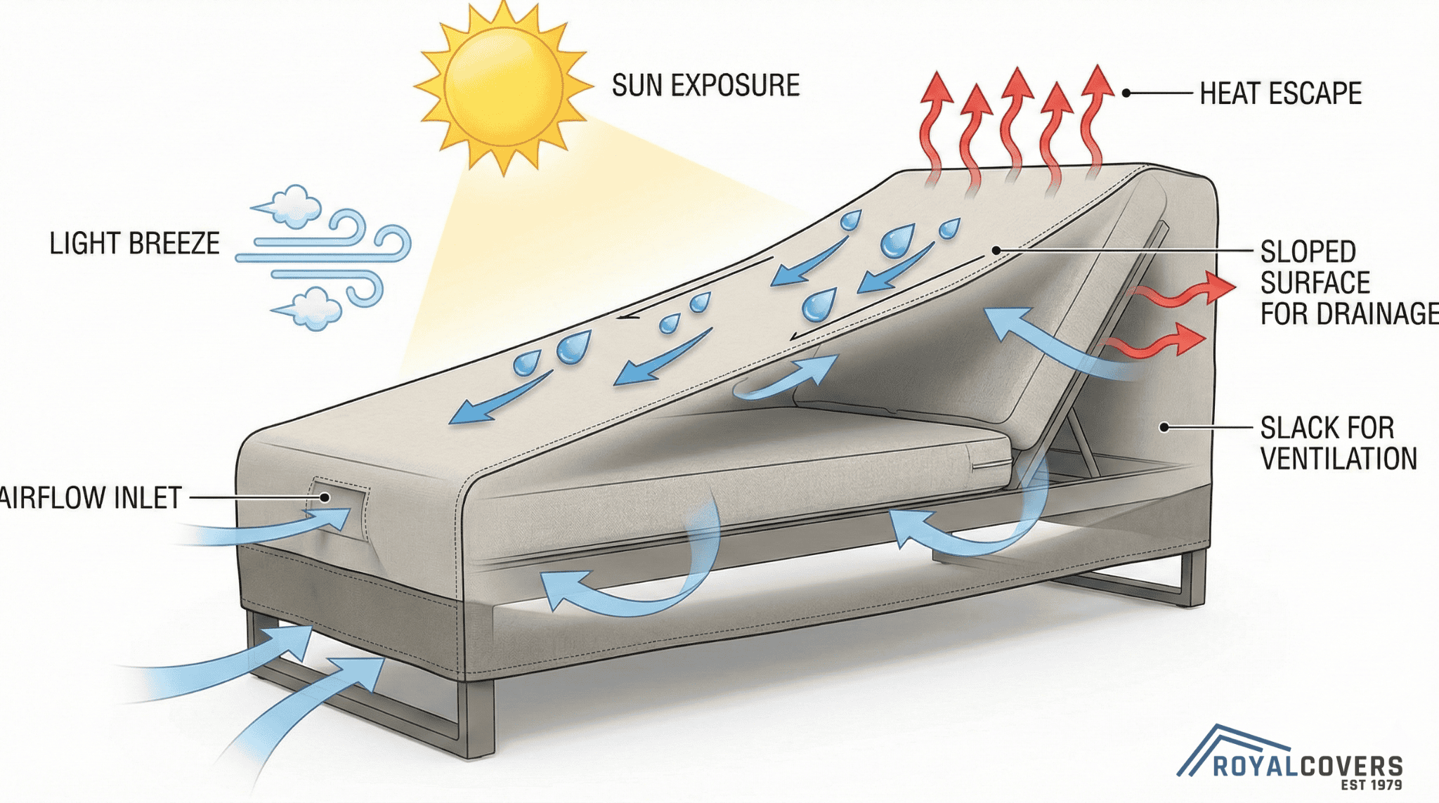 Diagram showing airflow and slack allowance in patio furniture covers for Phoenix’s climate.