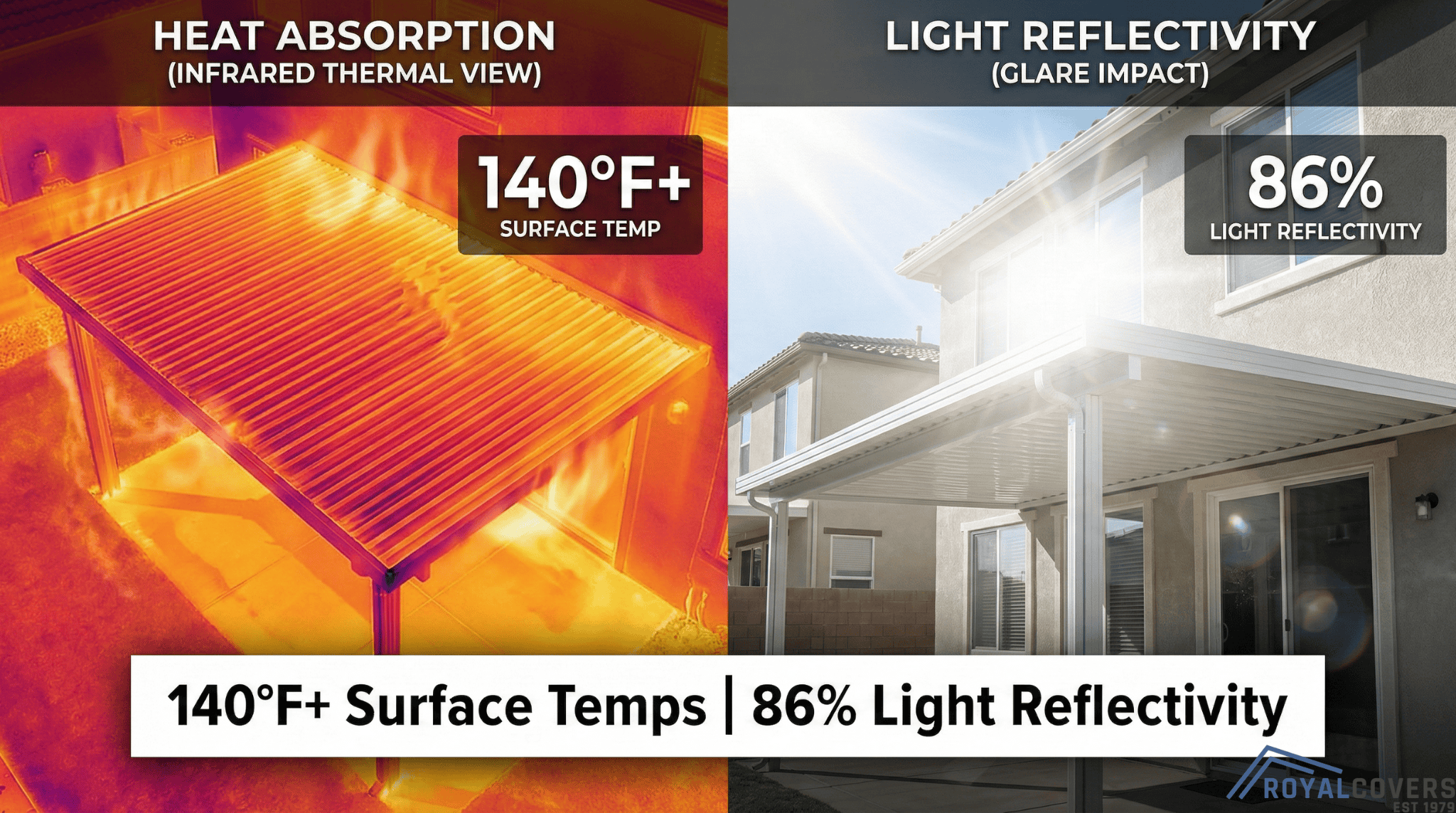 Split image showing thermal heat buildup and glare reflection from an aluminum patio cover.