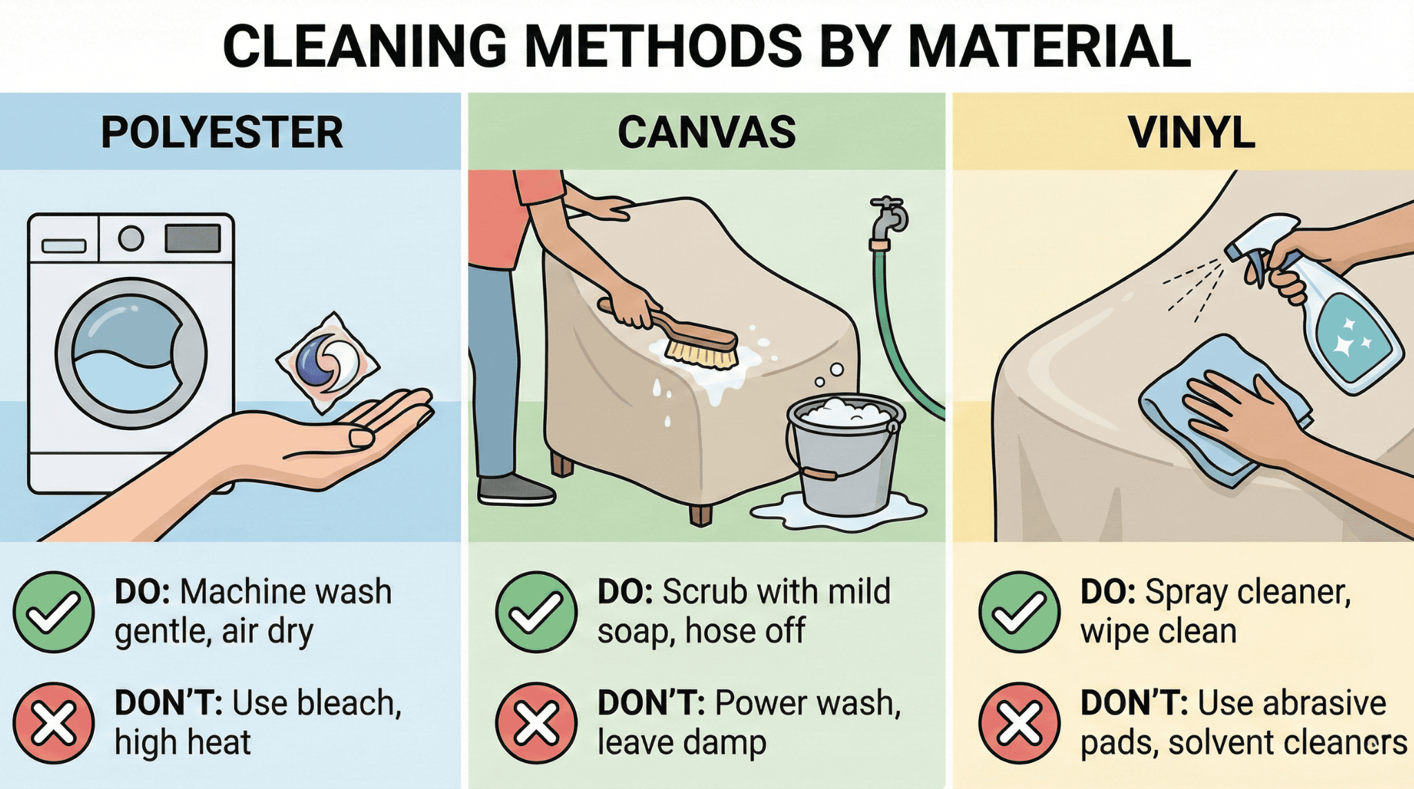 Cleaning methods for polyester, canvas, and vinyl patio furniture covers.