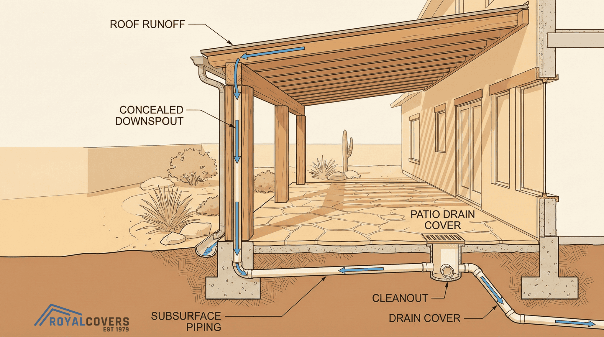Technical diagram of a covered patio drainage system showing downspouts, concealed piping, and cleanout access points.