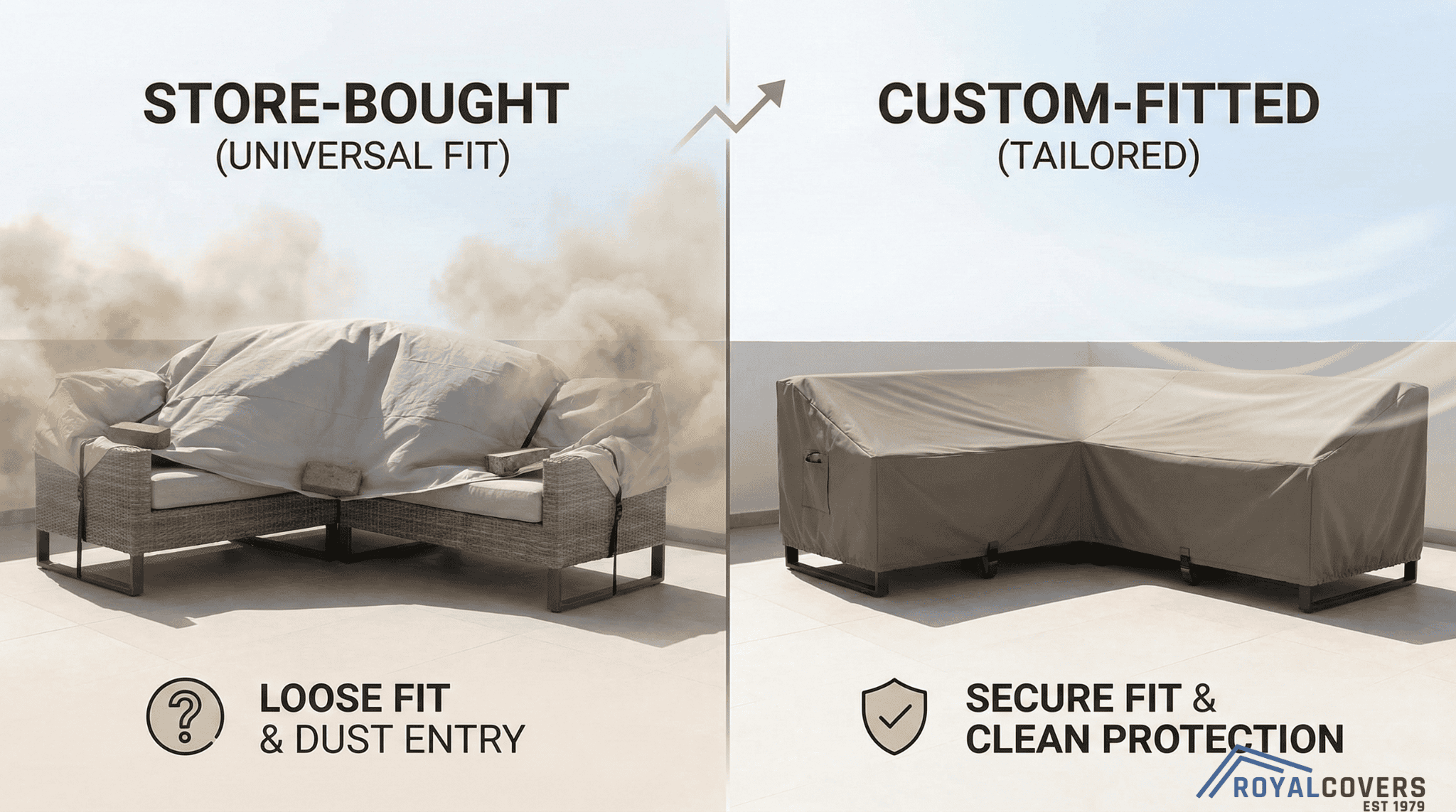 Side-by-side comparison of loose store-bought and fitted custom patio furniture covers.