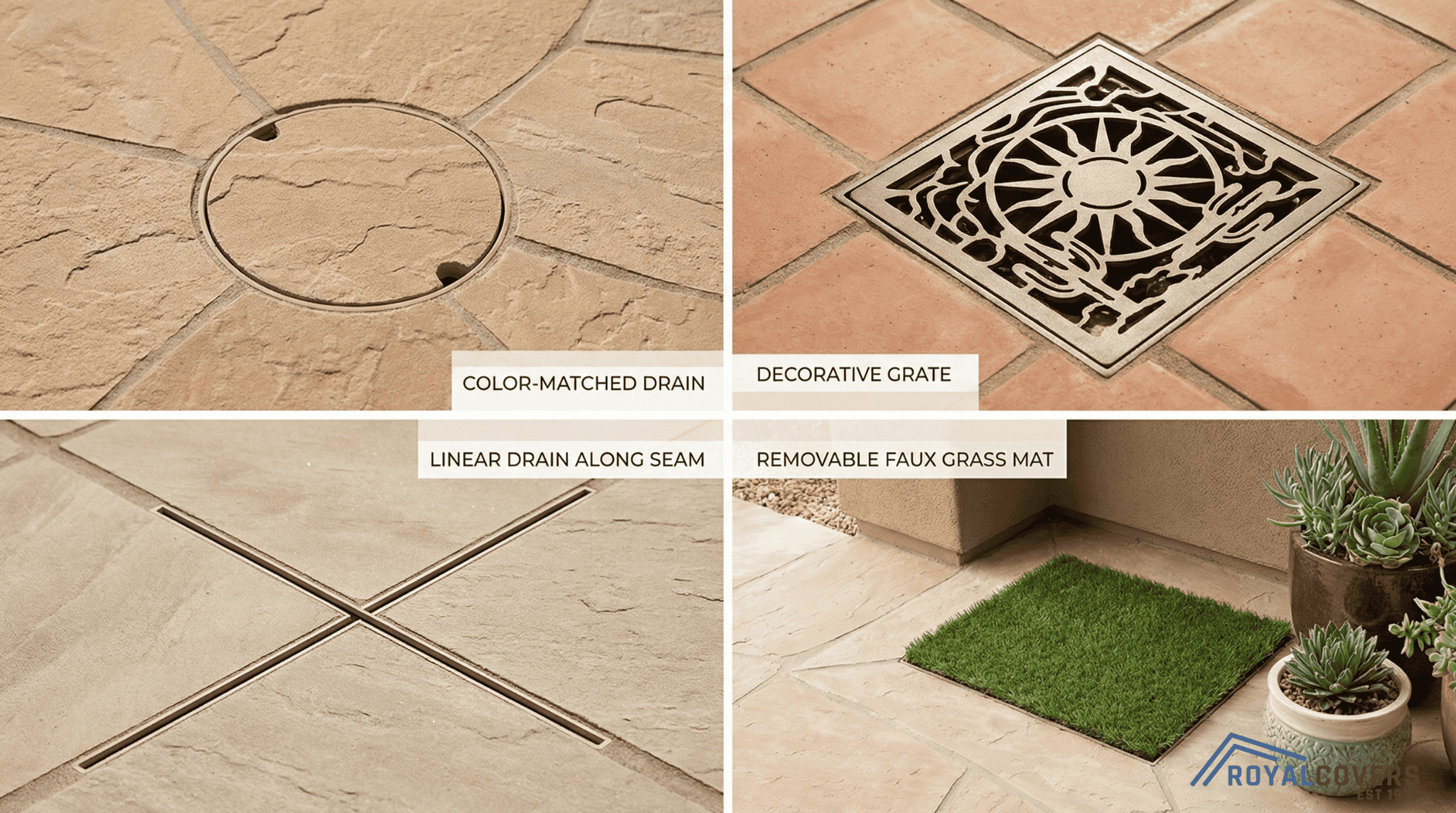 Four patio images showing creative ways to conceal drain covers including color matching, decorative grates, design-aligned placement, and removable covers.