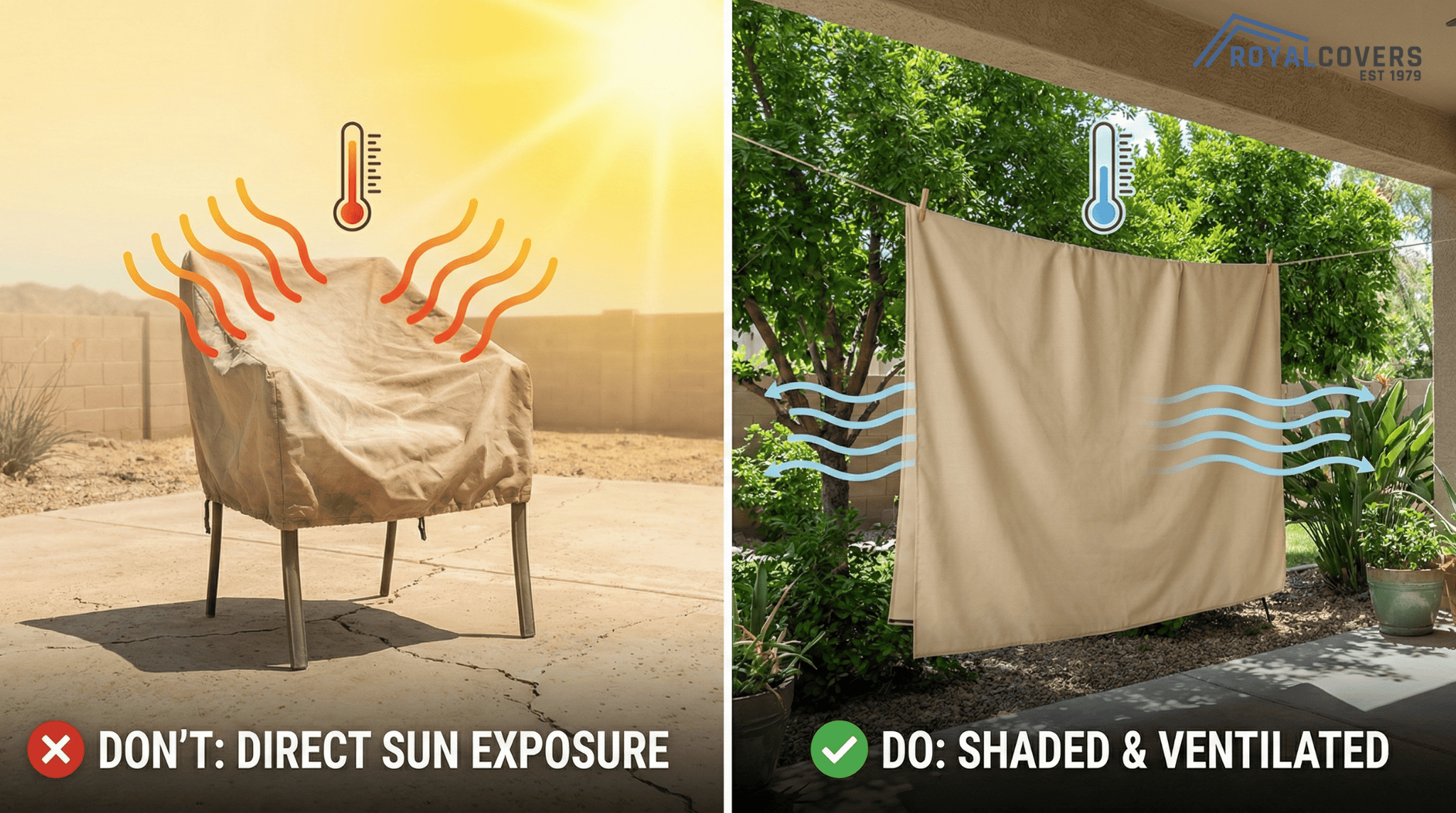 Side-by-side visual showing incorrect sun drying and proper shaded drying of patio furniture covers in Arizona.