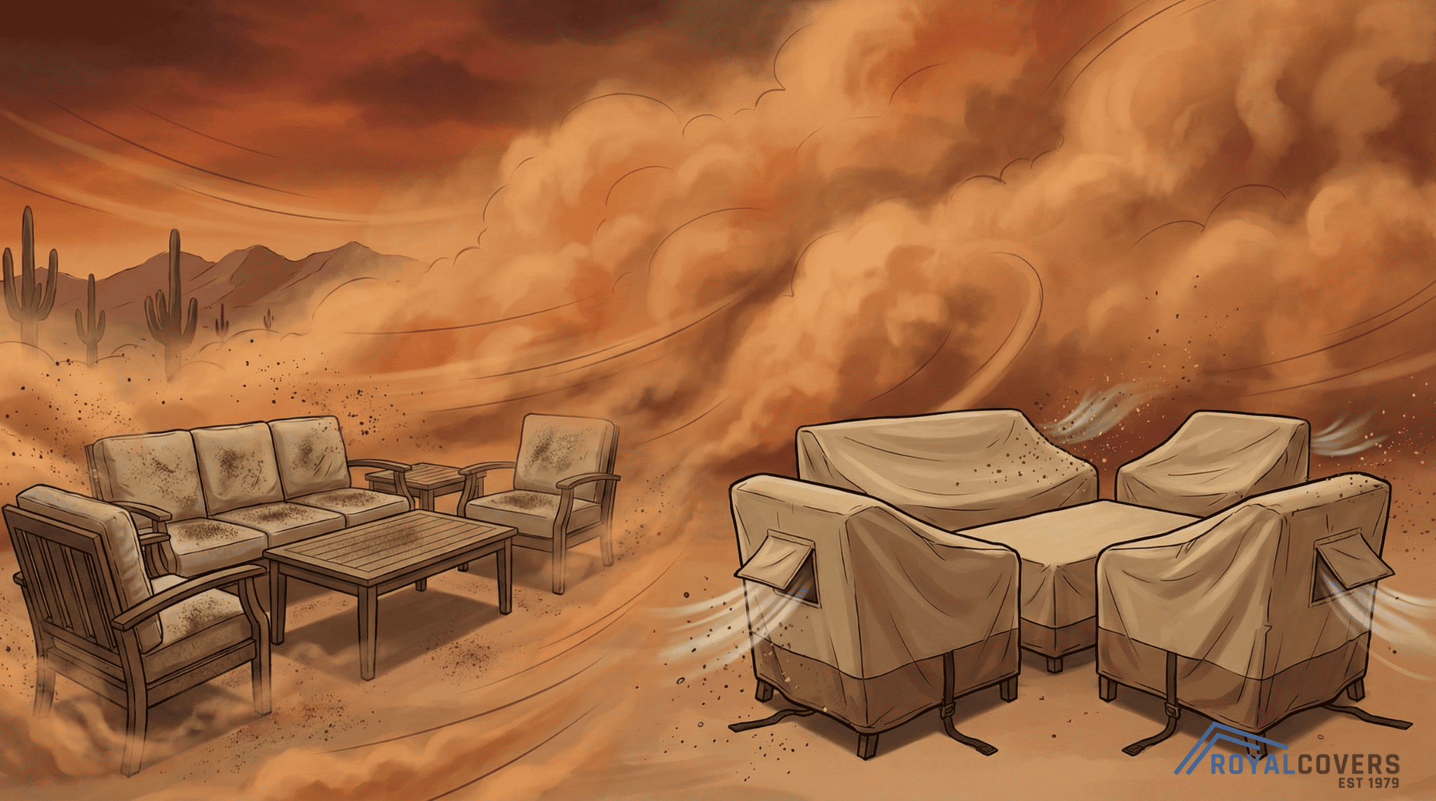 Phoenix dust storm hitting outdoor patio with and without protective covers.