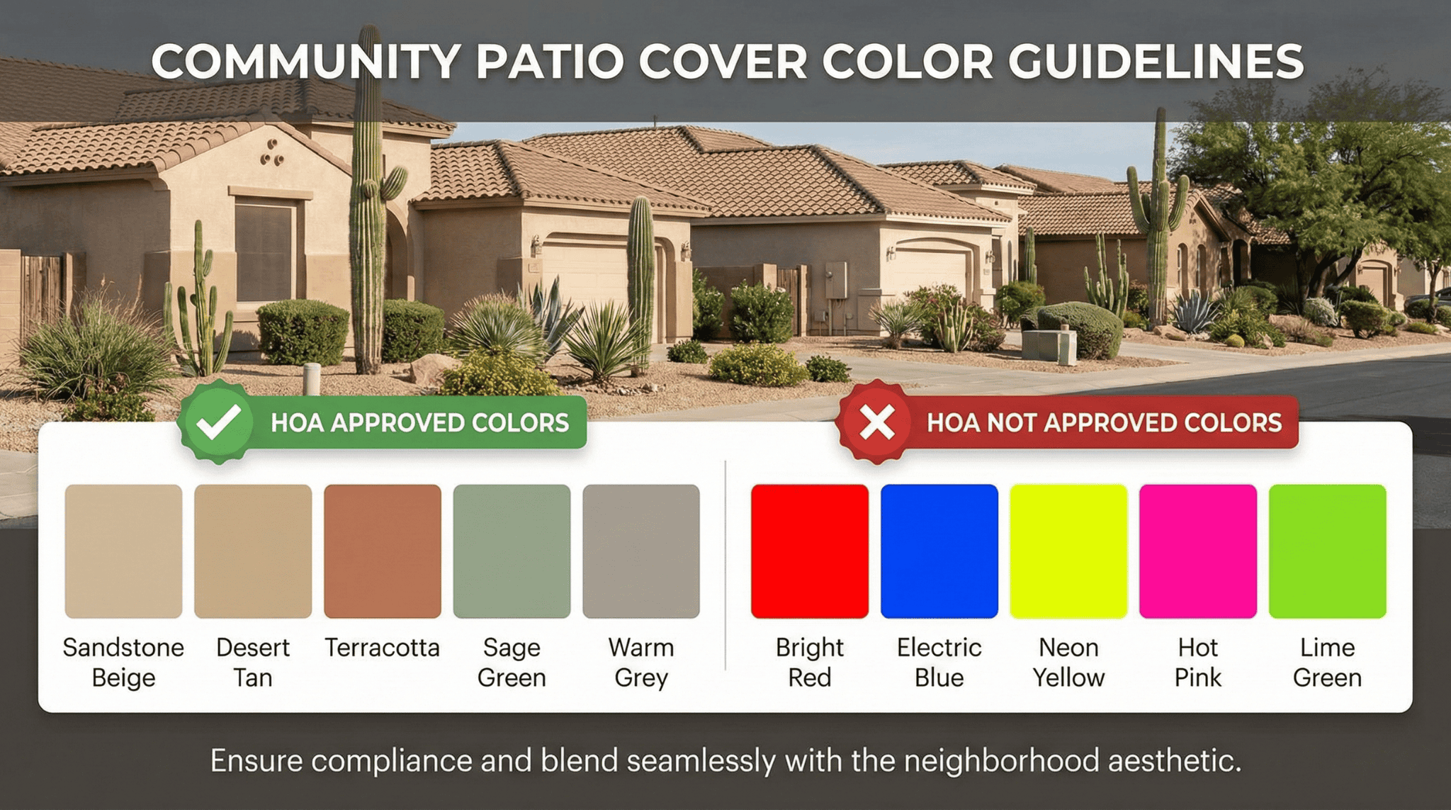 Visual guide to HOA-approved neutral patio cover colors for Phoenix neighborhoods.