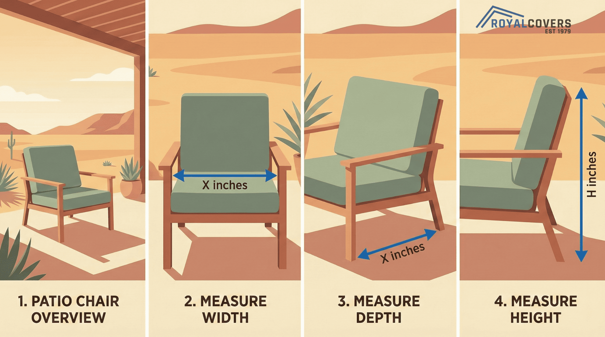 Step-by-step visual guide showing how to measure a patio chair for cover sizing.
