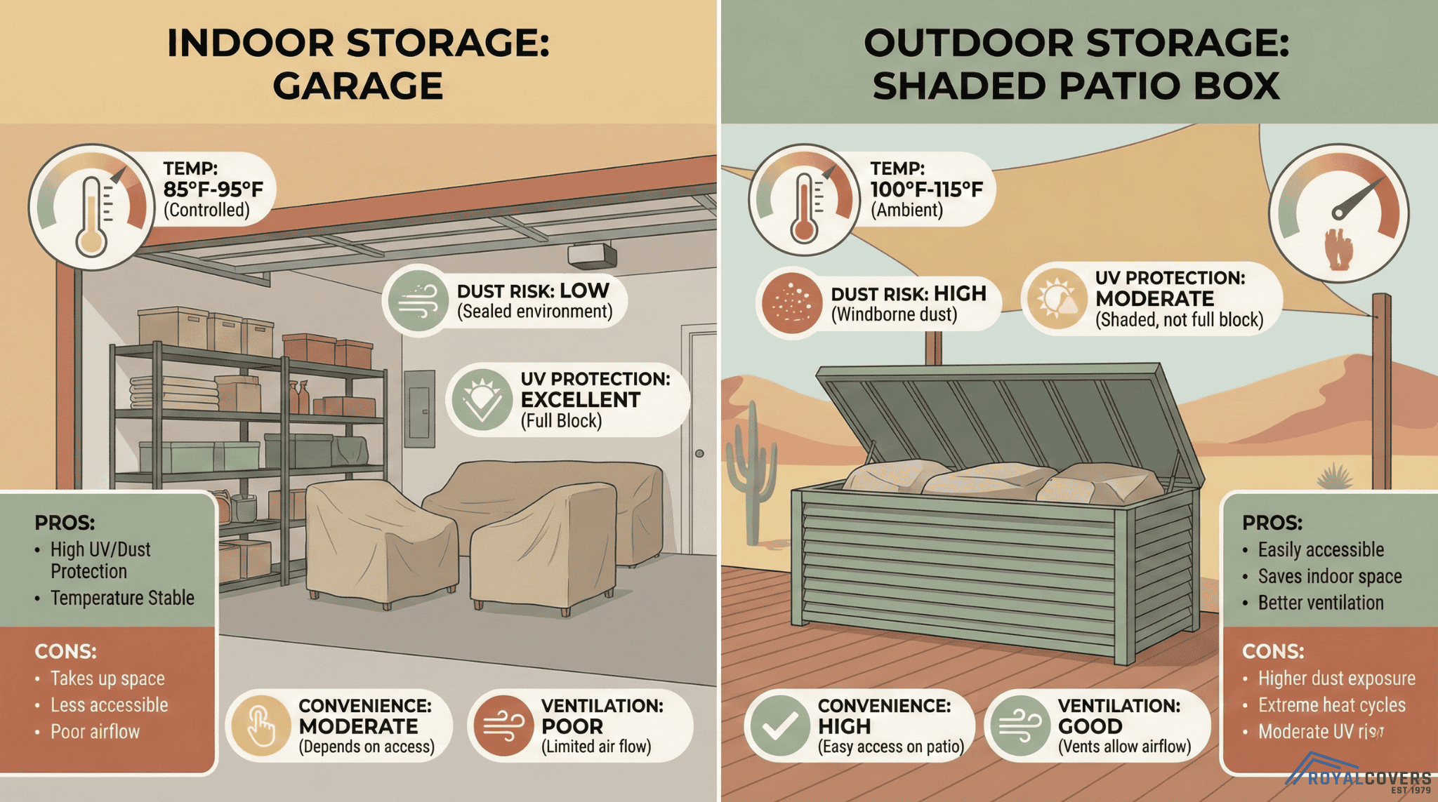 Visual comparison of indoor vs outdoor storage for patio furniture covers in Phoenix.