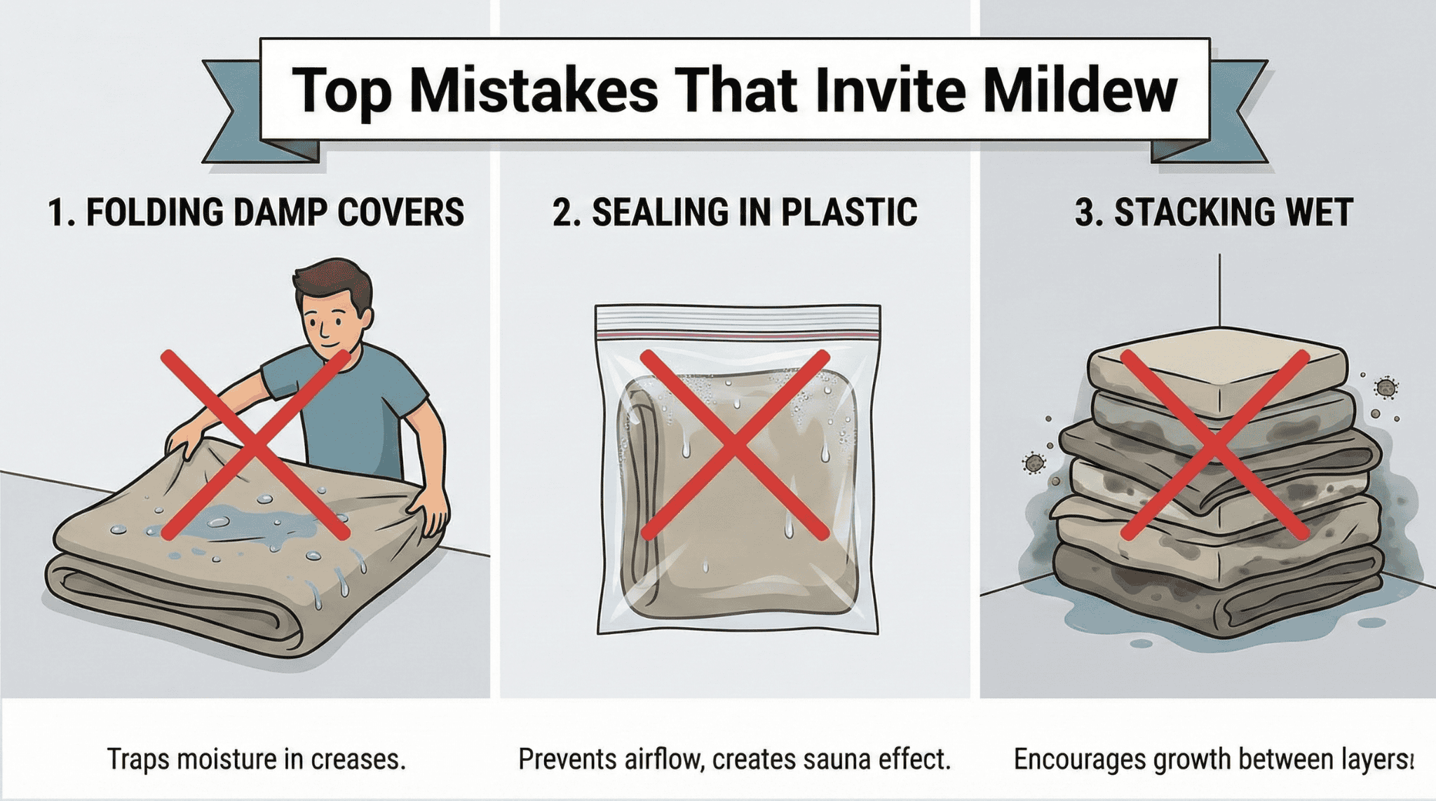 Illustrated guide showing three common storage mistakes that lead to mildew on furniture covers.