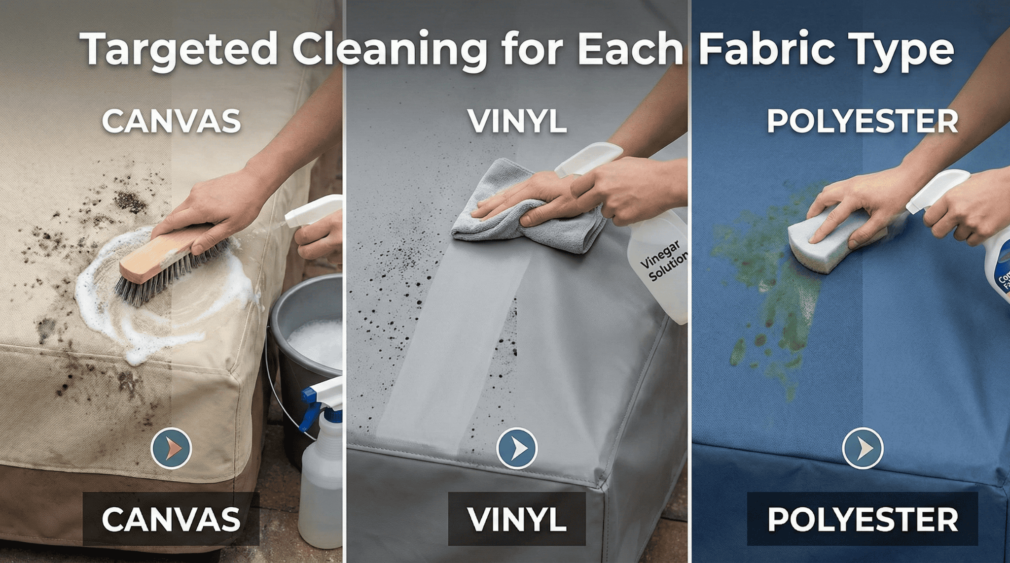 Image showing mildew removal from canvas, vinyl, and polyester covers with appropriate tools.