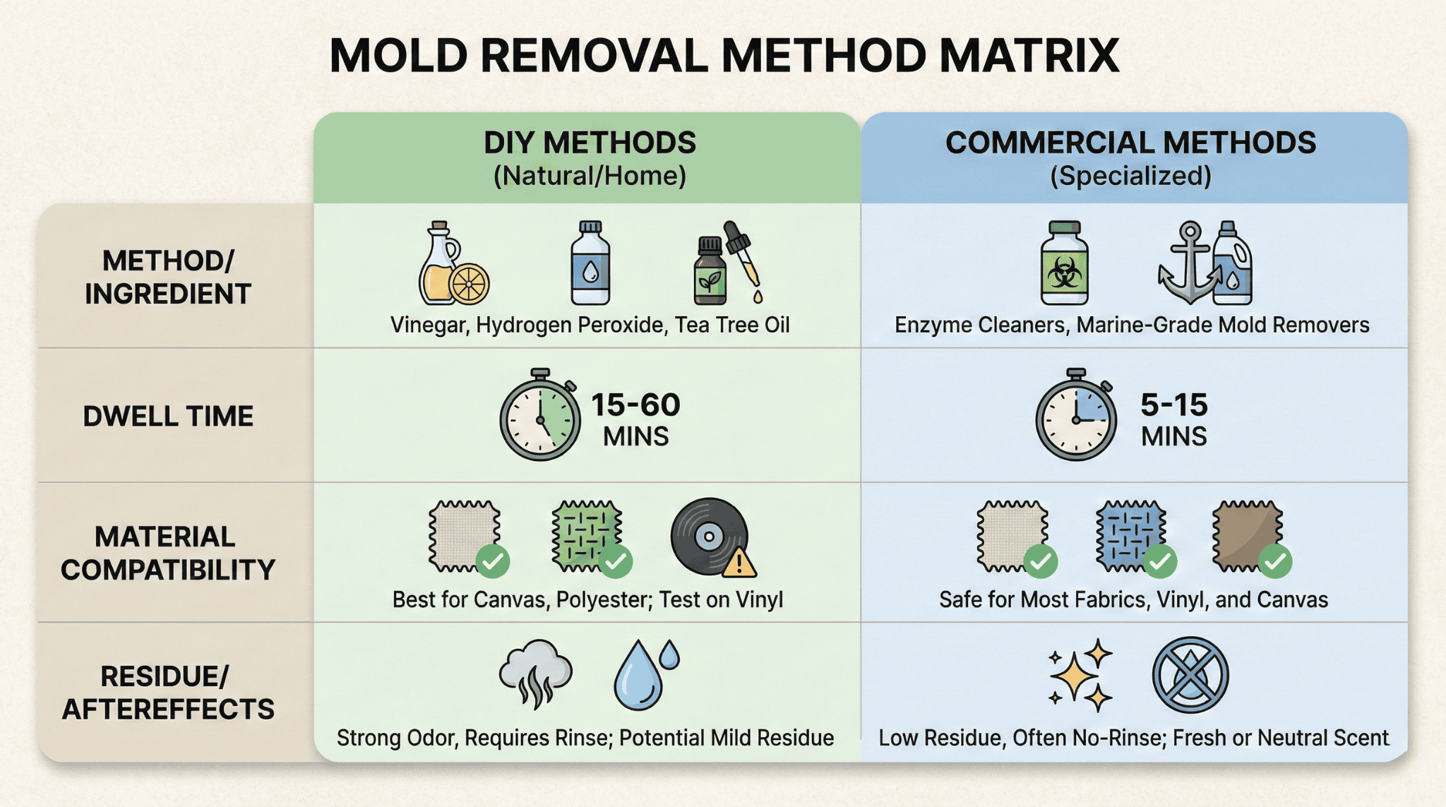 Infographic comparing DIY and commercial mold removal solutions for patio furniture covers by effectiveness and safety.