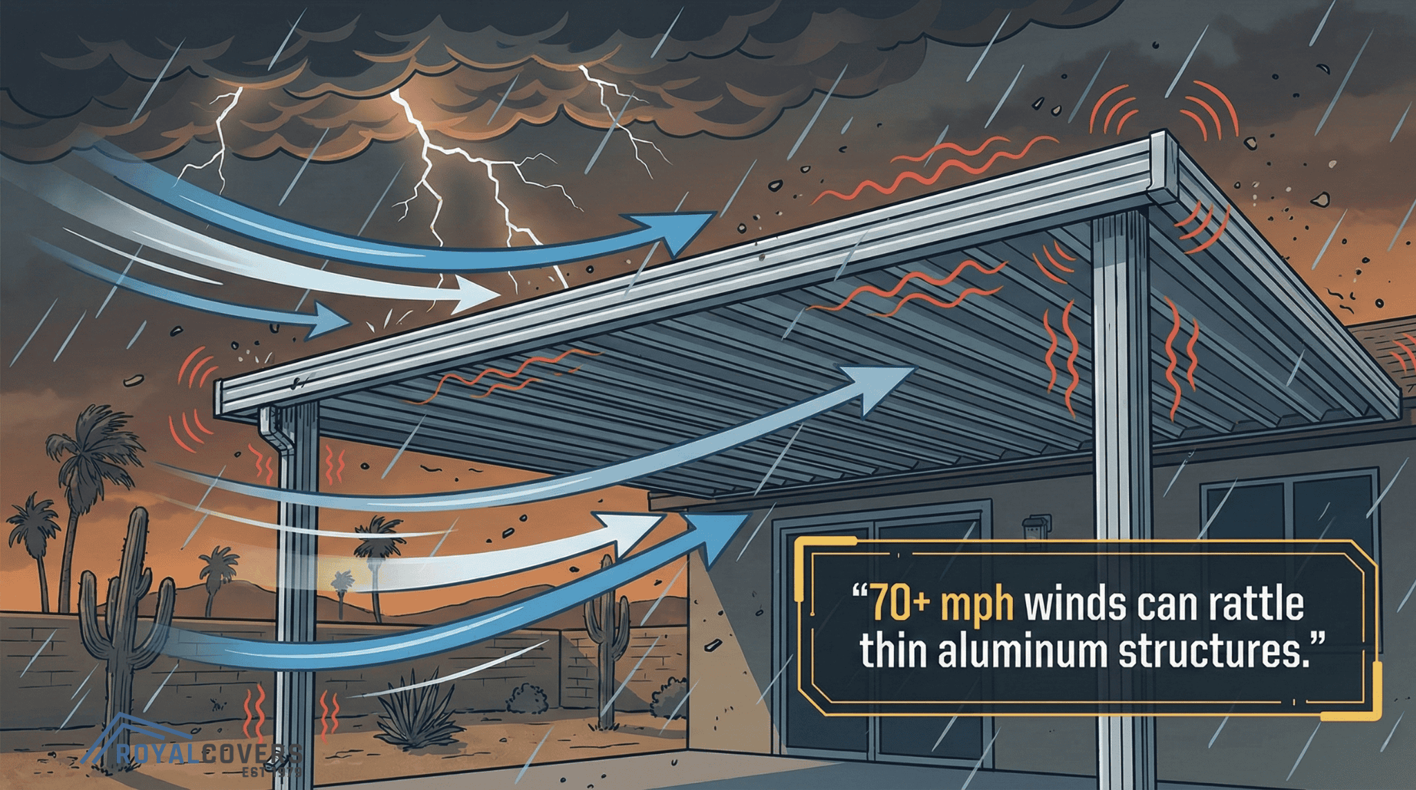 Illustration of wind and rain hitting an aluminum patio cover during a Phoenix monso