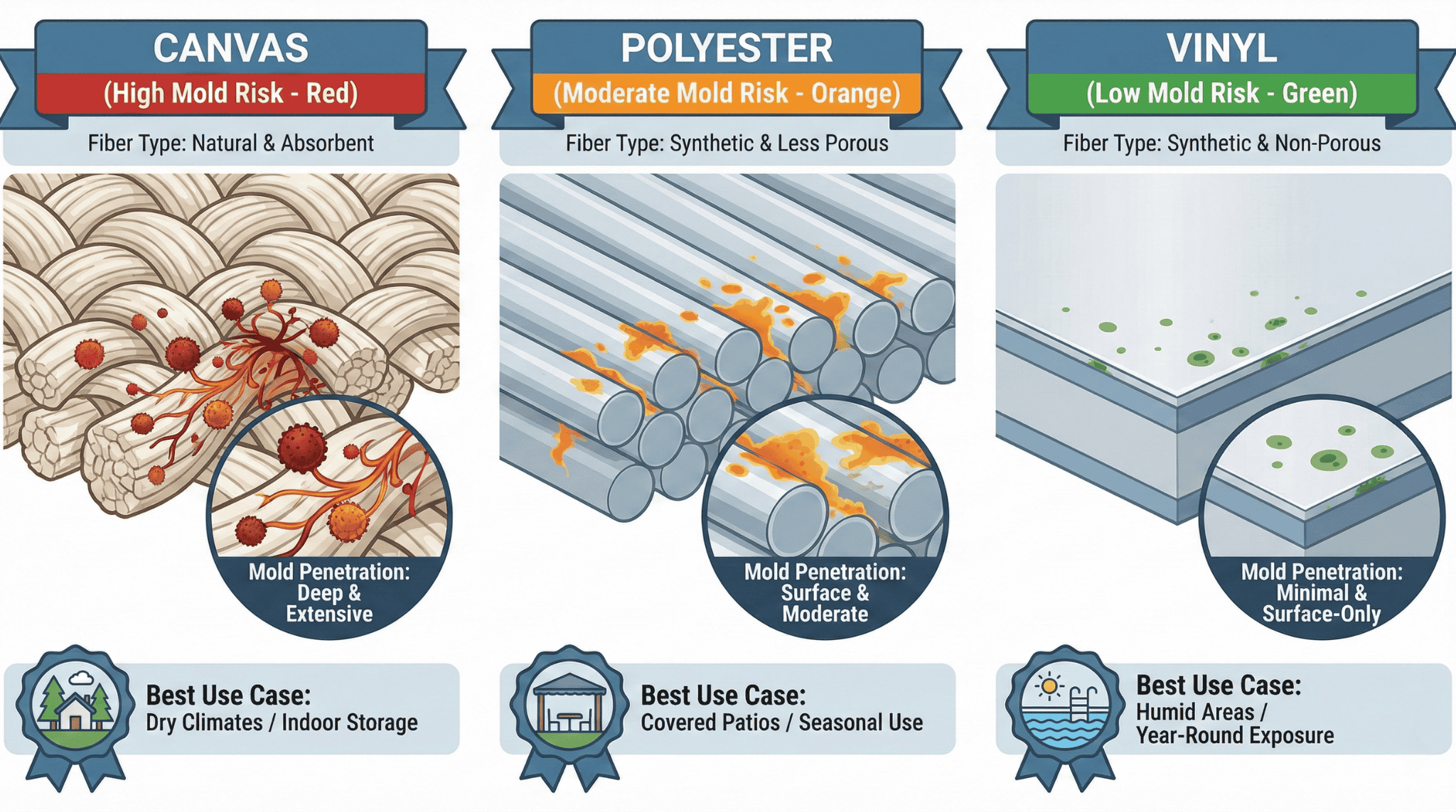 Infographic comparing canvas, polyester, and vinyl fabric resistance to mold with close-up fiber structures.