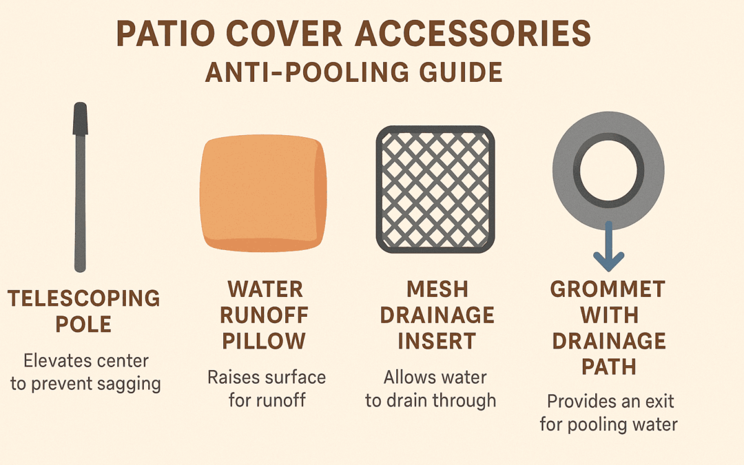 Infographic showing patio furniture cover accessories like poles, runoff pillows, and drainage inserts to prevent water pooling.