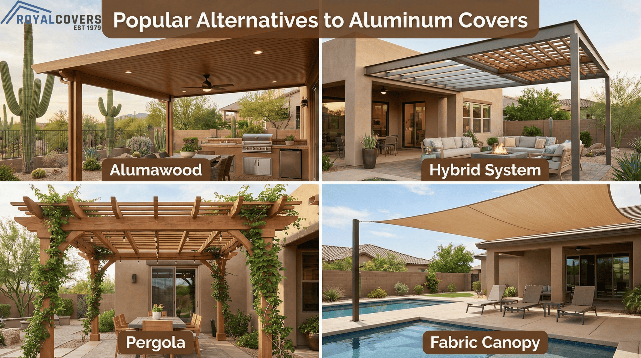 Visual grid of four aluminum patio cover alternatives in Phoenix backyards.