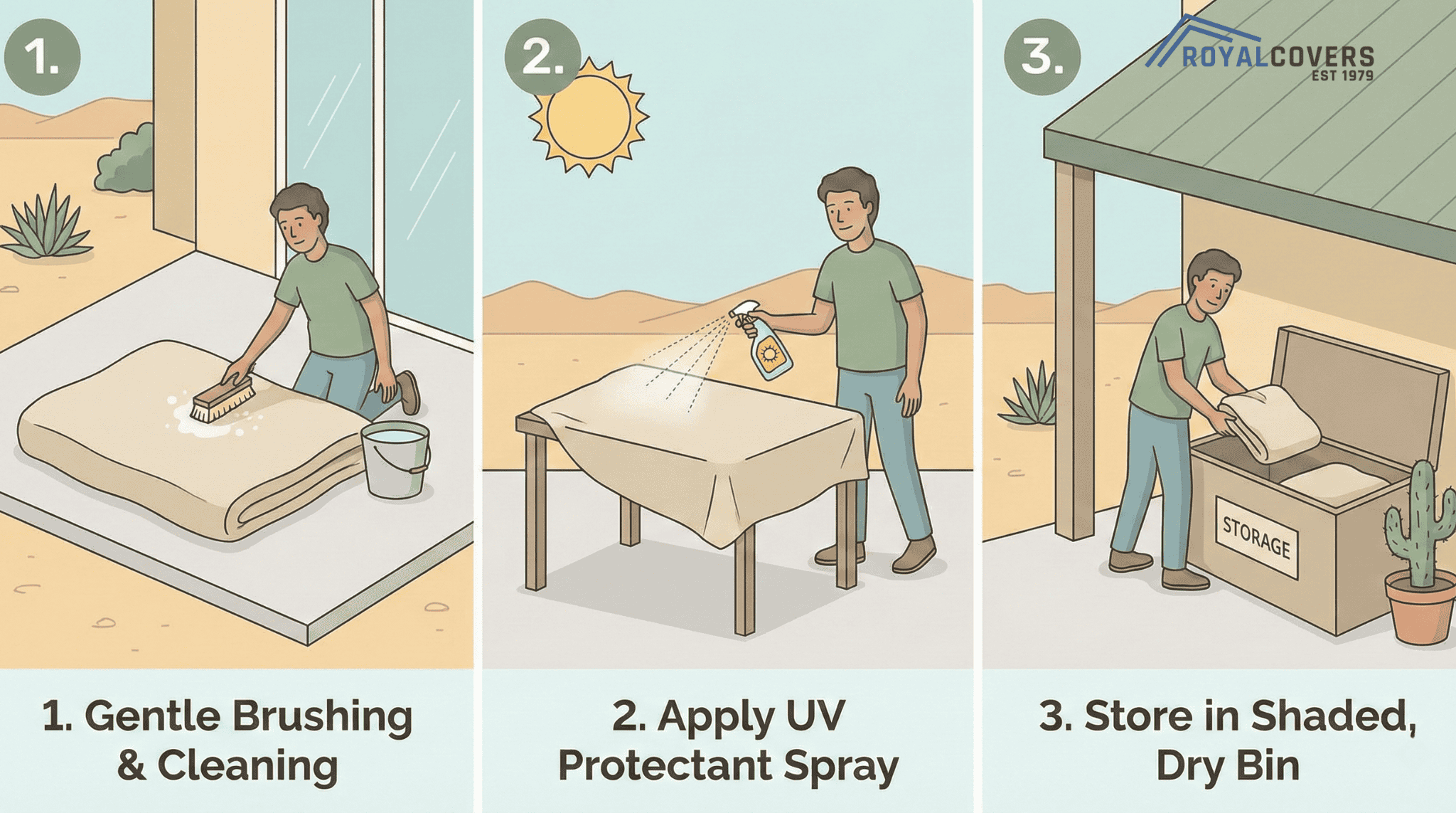Illustrated step-by-step guide for cleaning and storing patio covers in Phoenix.