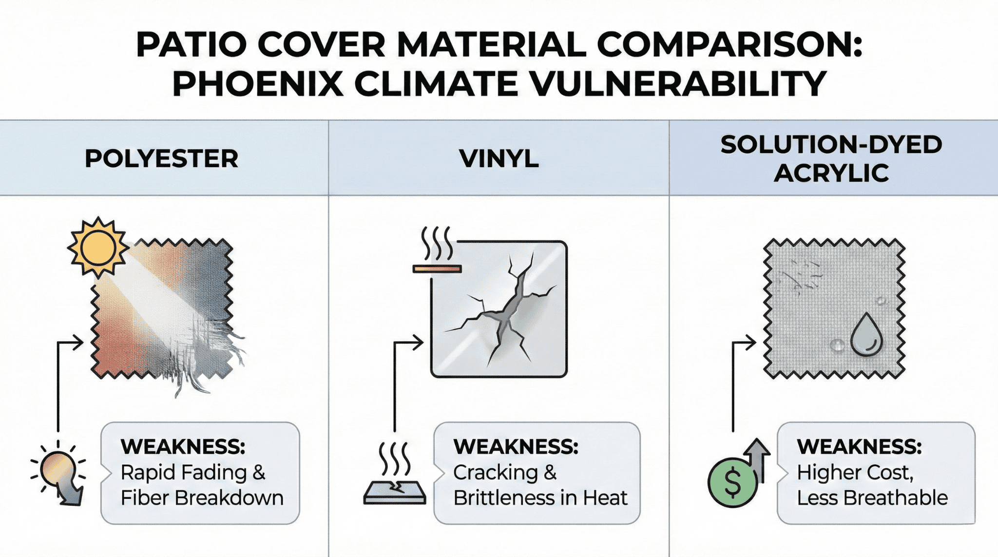 Visual comparison of polyester, vinyl, and acrylic patio cover damage under Phoenix weather.