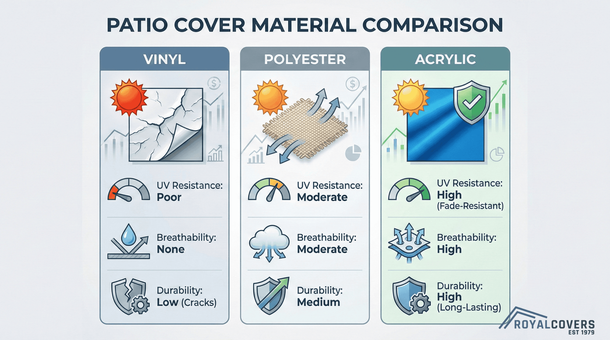 Visual comparison of vinyl, polyester, and acrylic patio cover materials with performance ratings.