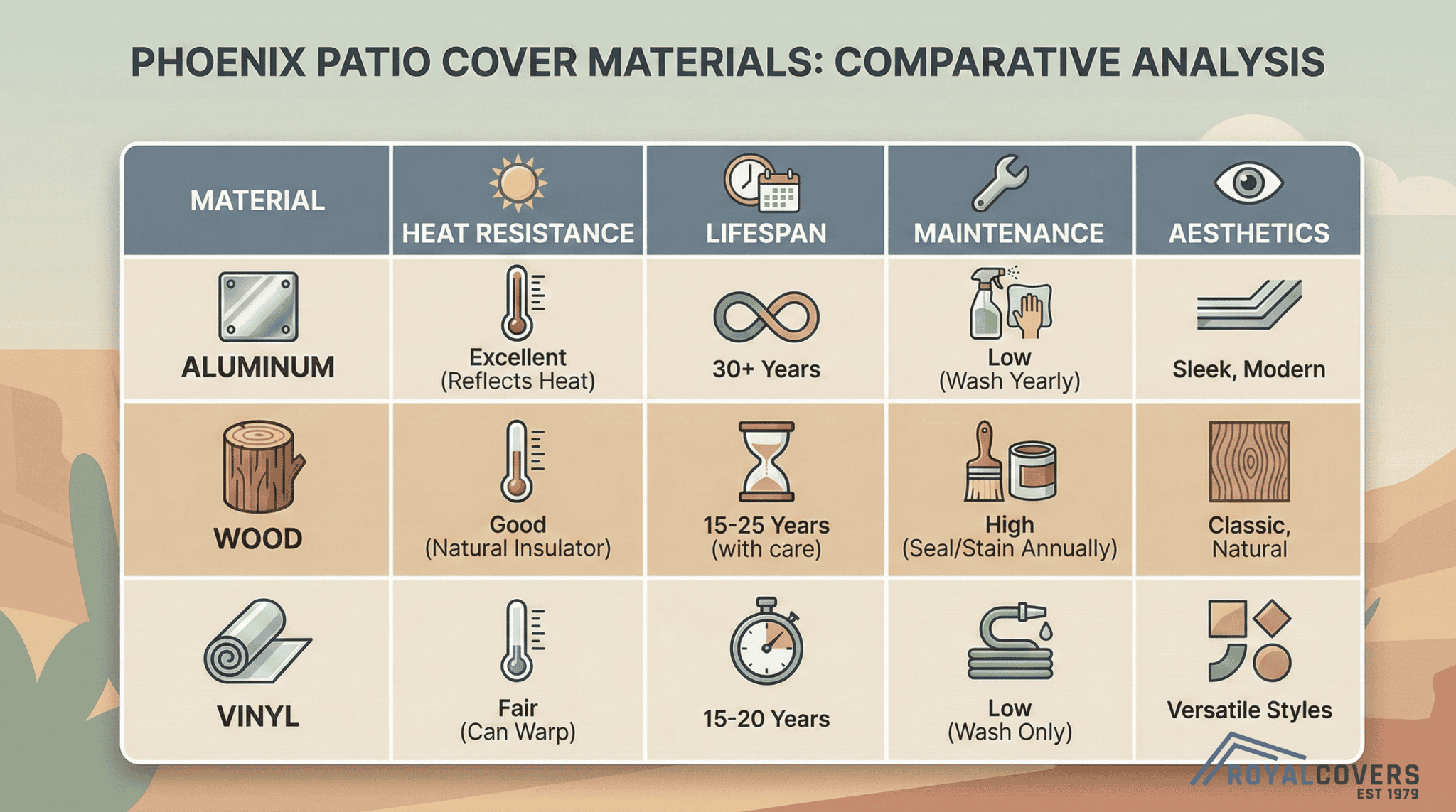 Infographic comparing aluminum, wood, and vinyl patio covers across key performance factors in Phoenix.