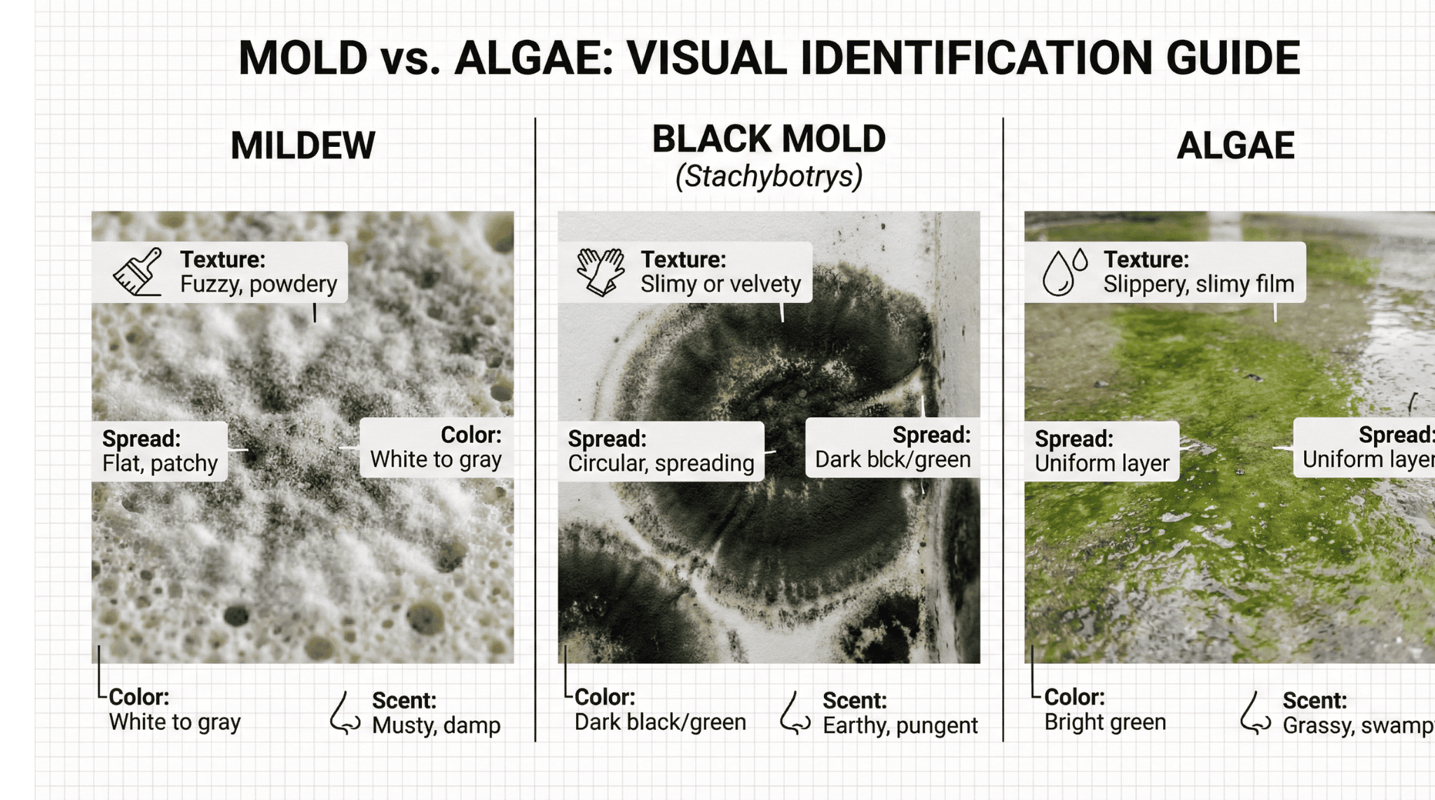 Visual guide showing mildew, black mold, and algae on outdoor fabrics with distinct colors and textures.