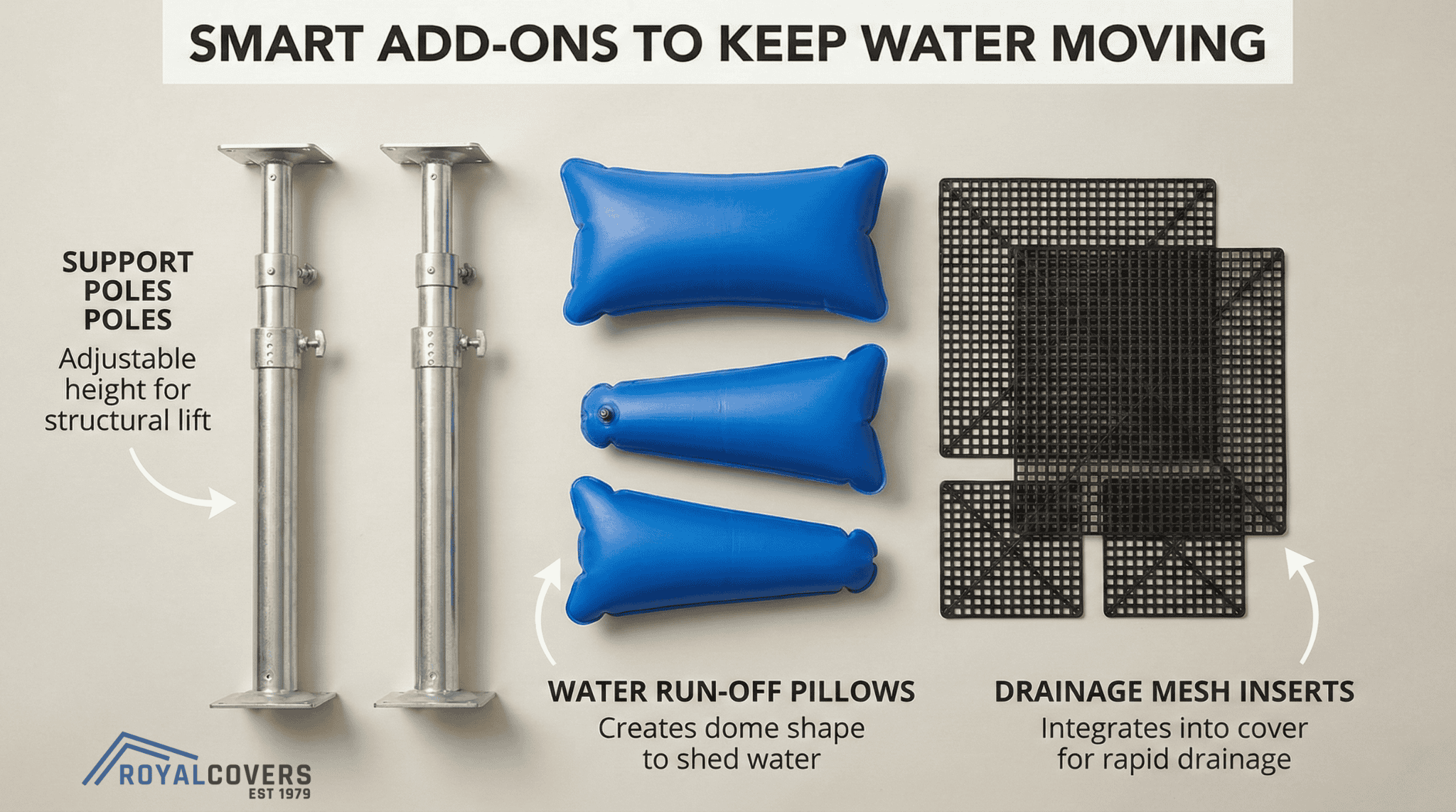 Support poles, drainage inserts, and run-off pillows for patio cover water management.