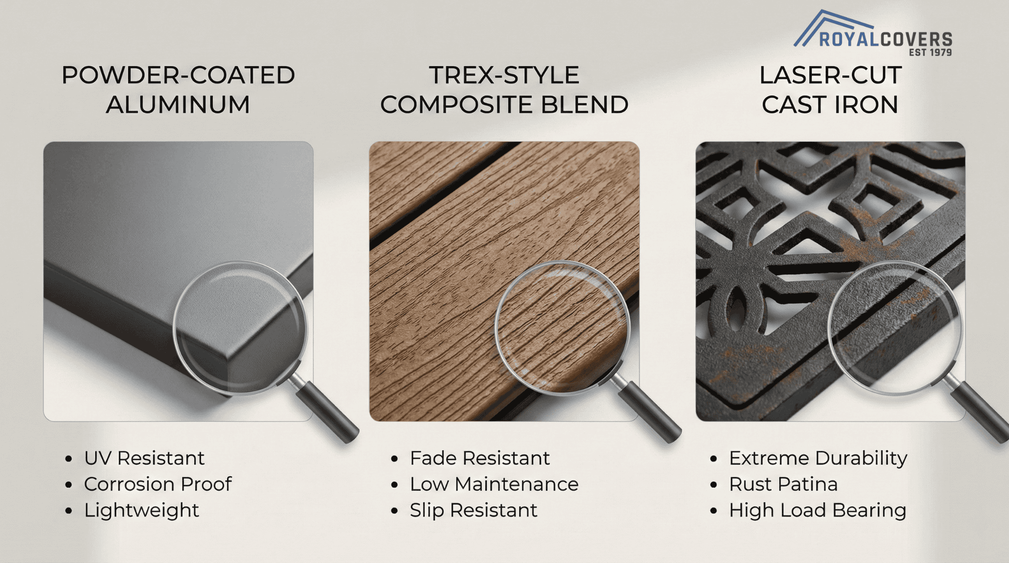 Close-up textures of powder-coated metal, composite blends, and decorative cast iron used in patio drain covers.