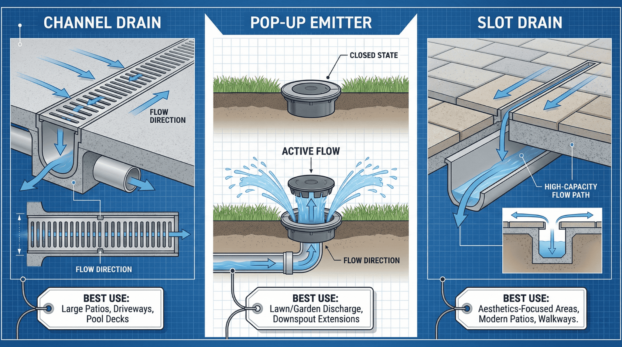 Illustrated comparison of channel drains, pop-up emitters, and slot drains with labeled flow paths and surface appearance.