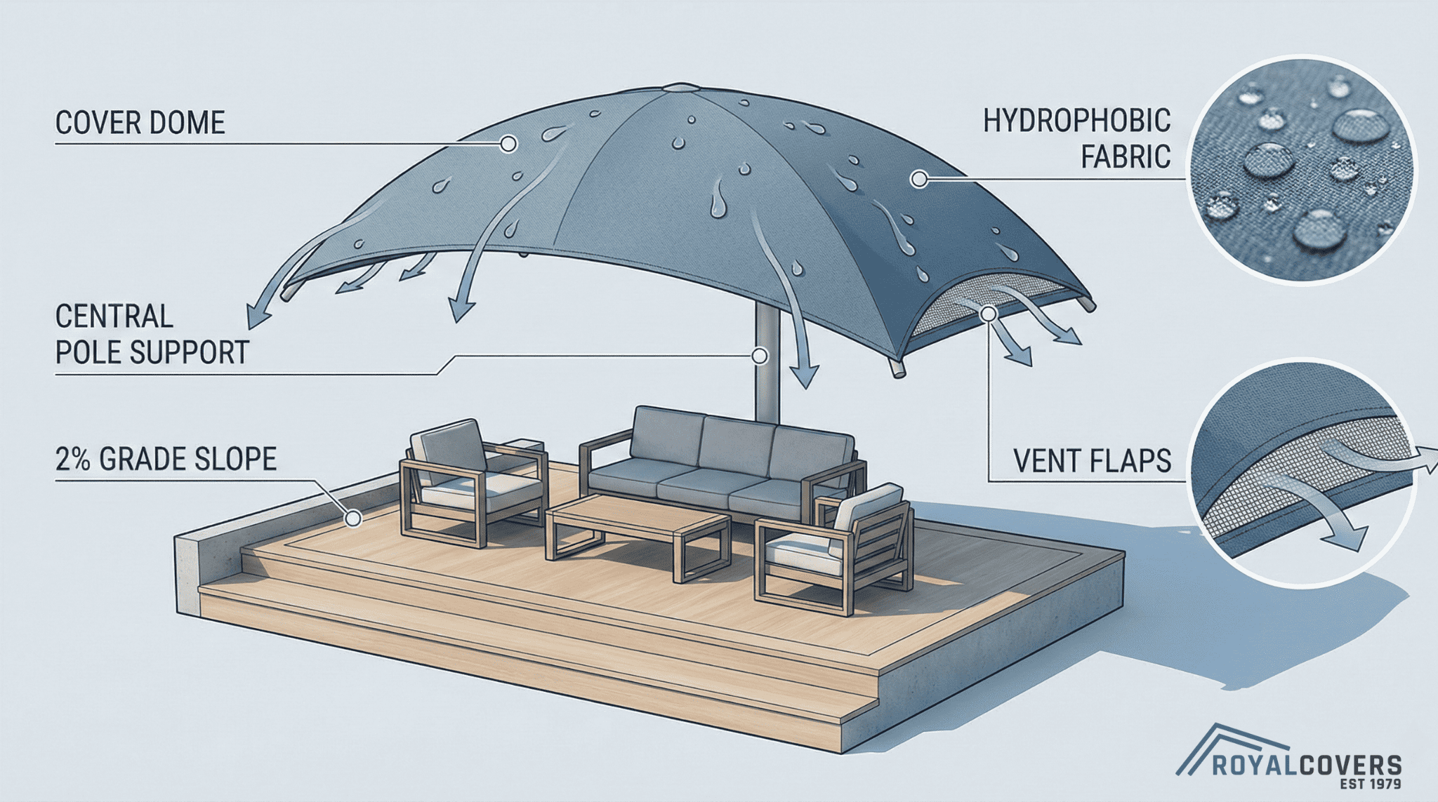 Cutaway diagram showing engineering features that prevent water pooling on patio furniture covers.