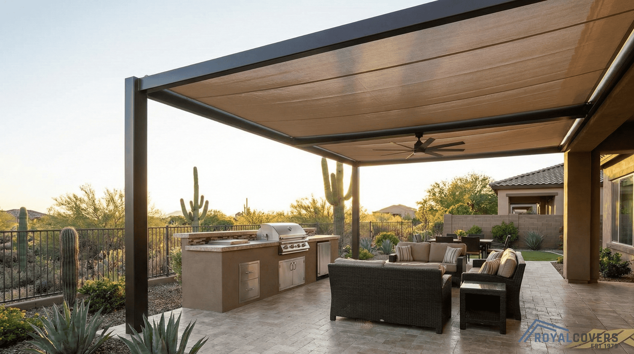 Professionally installed custom patio cover with no water pooling in a Phoenix backyard.