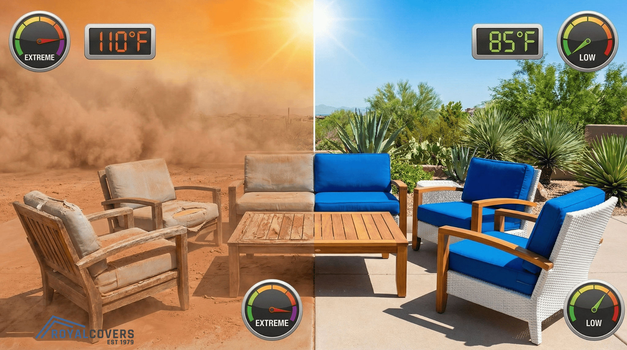 Comparison of outdoor furniture before and after exposure to Phoenix’s harsh sun and dust storms.