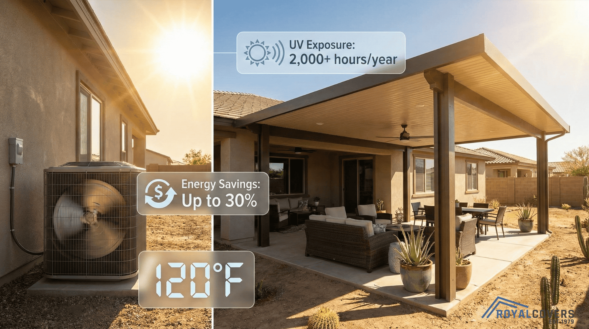 Shaded Phoenix backyard patio highlighting extreme heat and energy-saving benefits of covered areas.