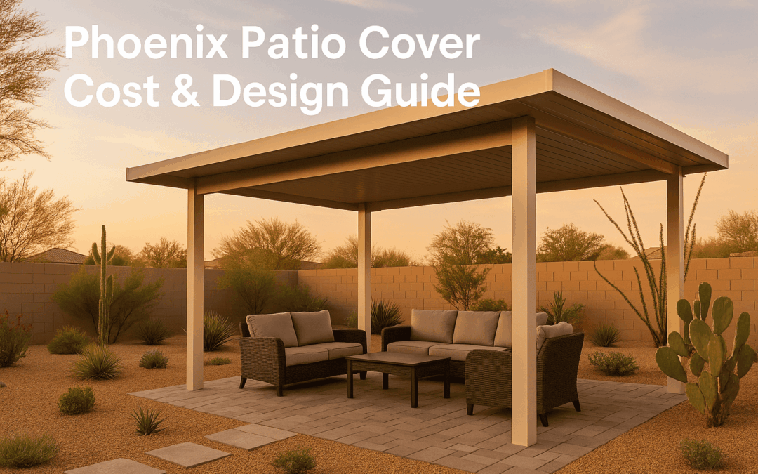 Insulated aluminum patio cover in a Phoenix backyard with desert landscaping and lounge furniture under shade.
