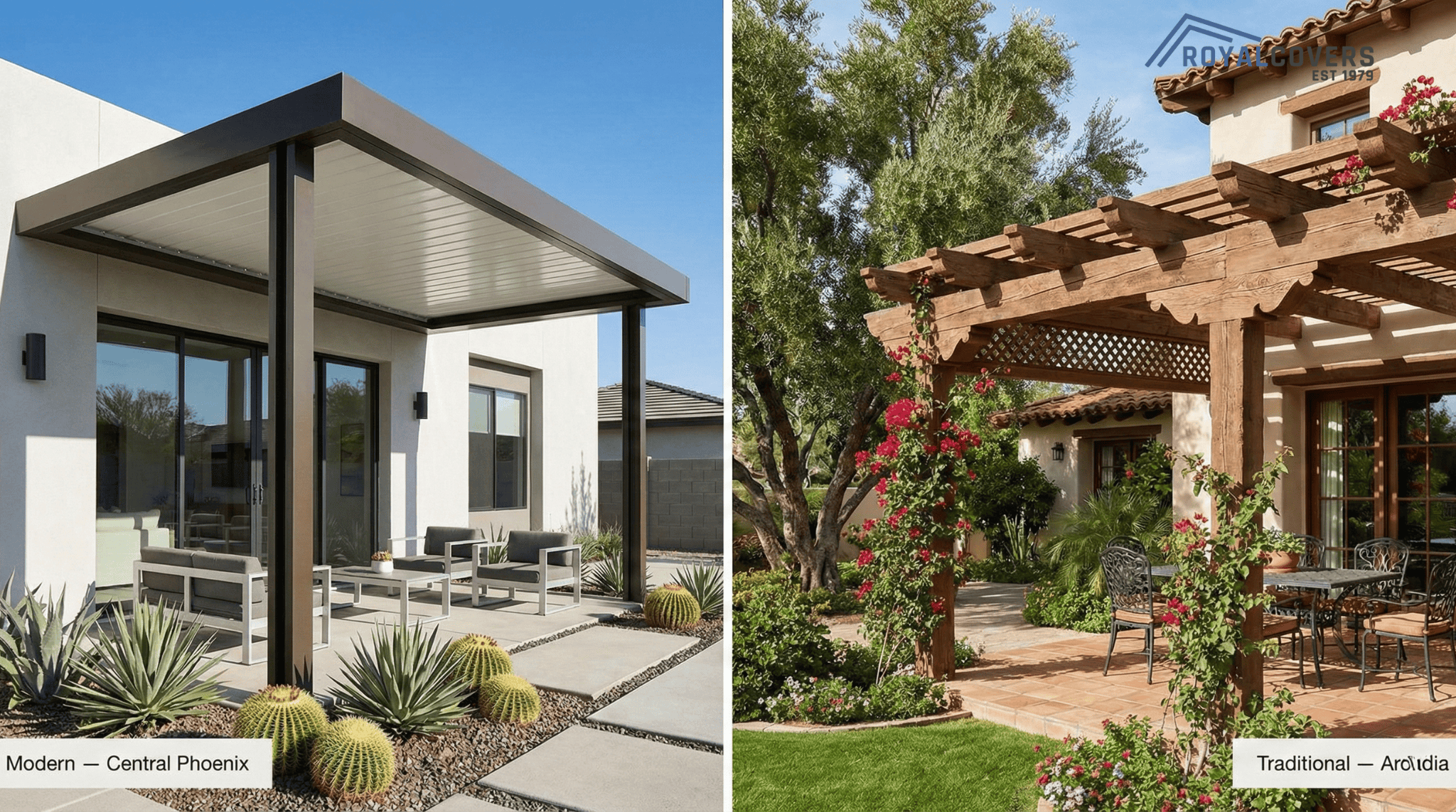 Side-by-side photos of modern and traditional patio cover designs suitable for Phoenix homes.